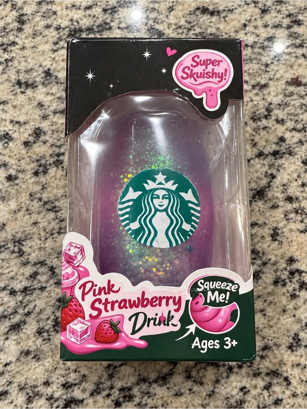 Starbucks Pink Glitter Strawberry Squishy Toy with Green Logo